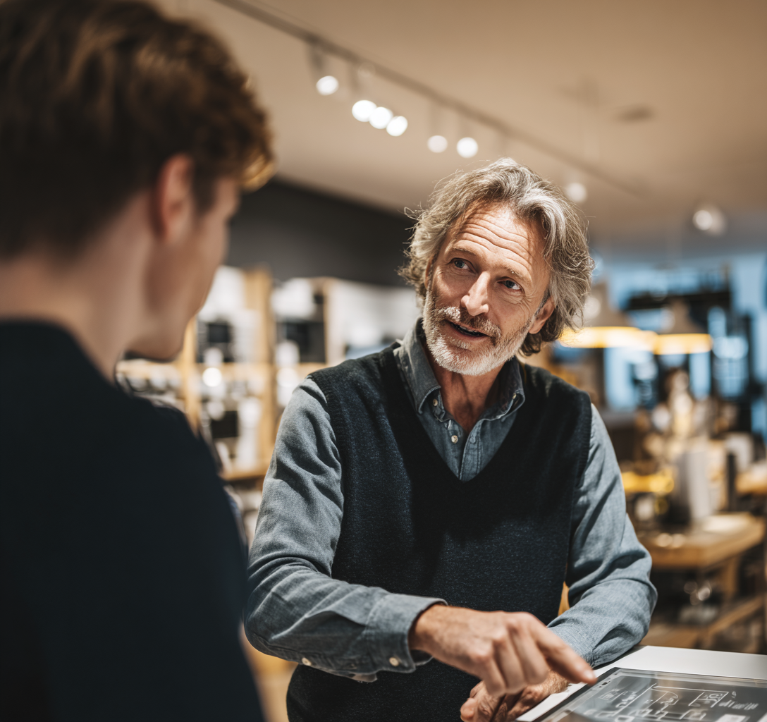 Technicien expliquant une réparation d’électroménager à un client dans un magasin à Arcueil