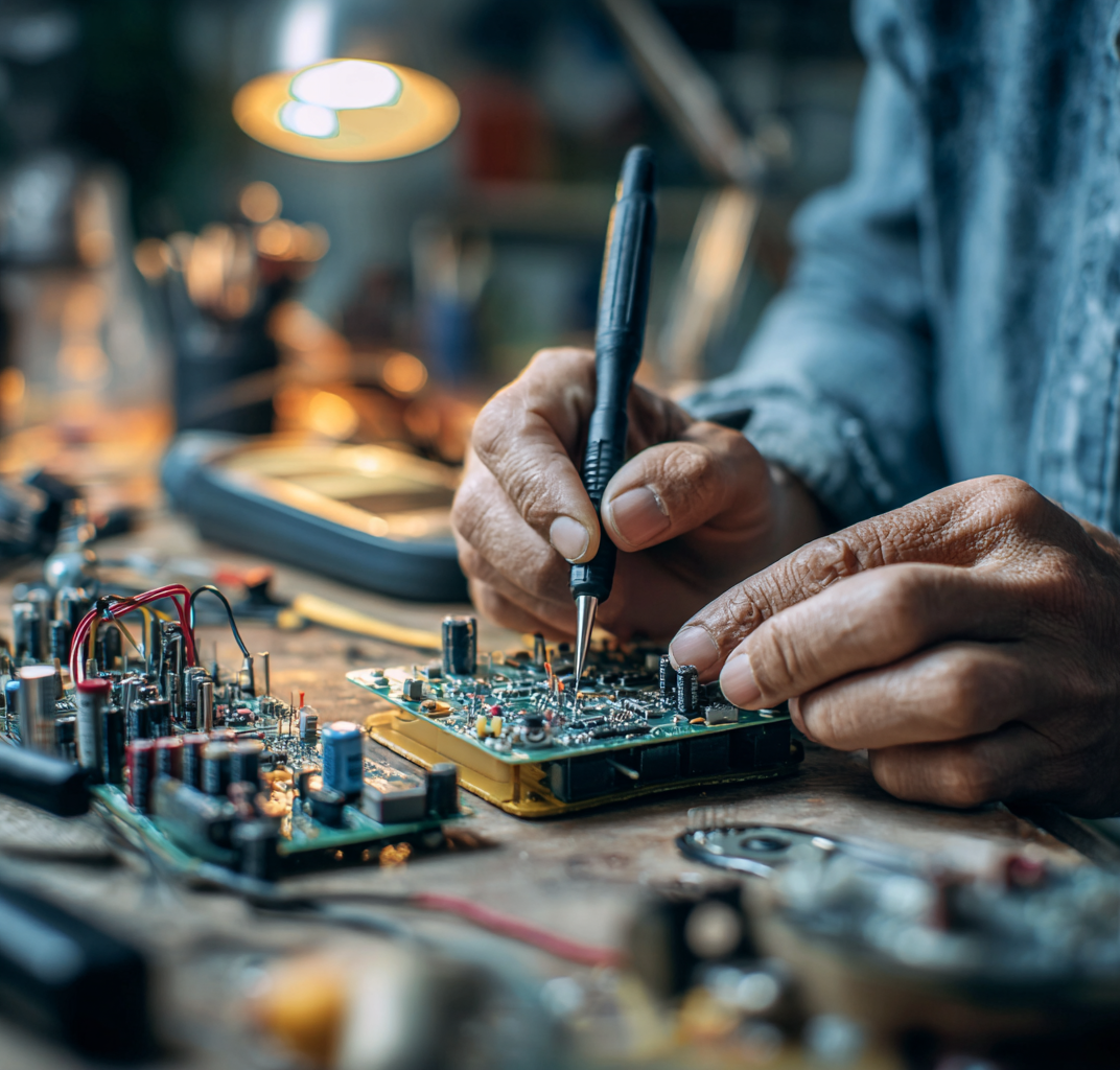 Gros plan sur des mains de technicien réparant un appareil électroménager avec outils de précision en atelier à Arcueil